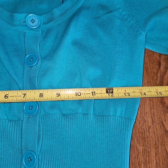 Takeout Teal Blue Cropped Button-Up Short Sleeve Shrug Cardigan Size Large - Picture 8 of 8